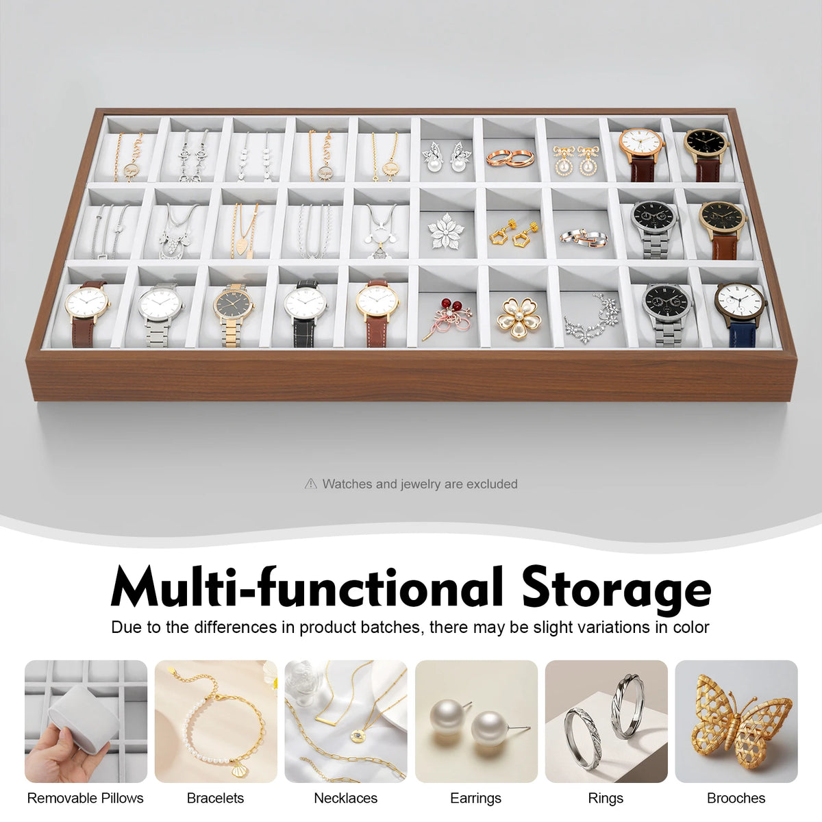 Watch Storage Box 30 Grid MDF Wooden Grey Velvet Watch Display Tray Multi-function Jewelry Organizer Case for Watch Collection Accessories